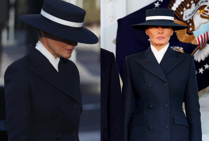 Melania Trump navy coat with hat.